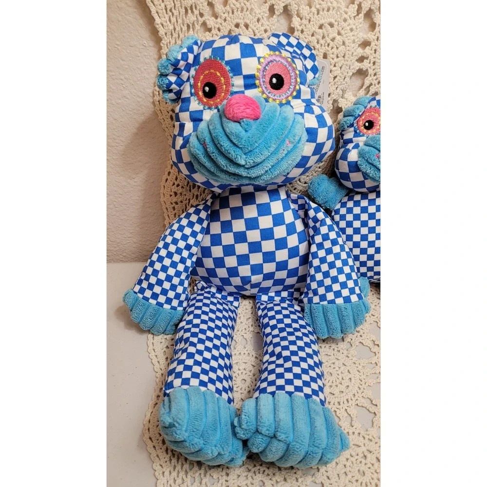 NWT 2 Gund Stuffed Animals. Blue & White Plaid. Multi colored eyes Unique Design